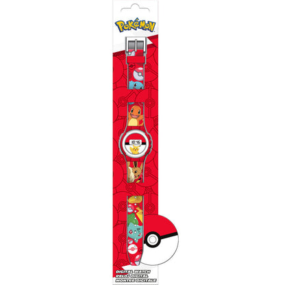 Reloj digital Pokémon rojo con Pikachu y personajes en la correa