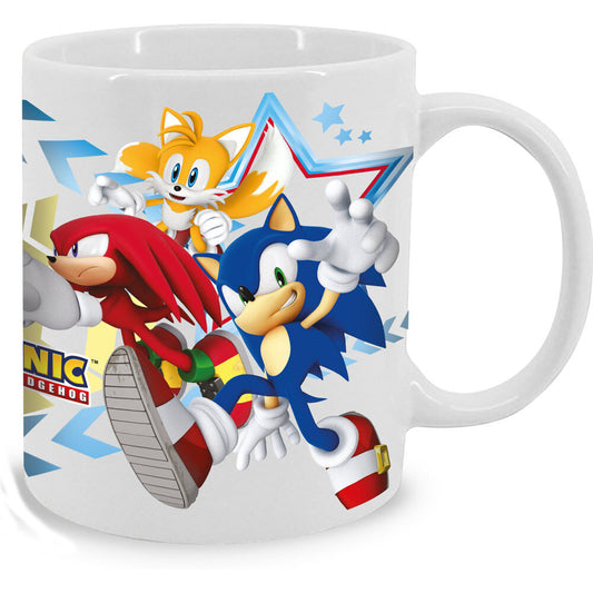 Taza blanca de Sonic The Hedgehog con Sonic, Tails y Knuckles