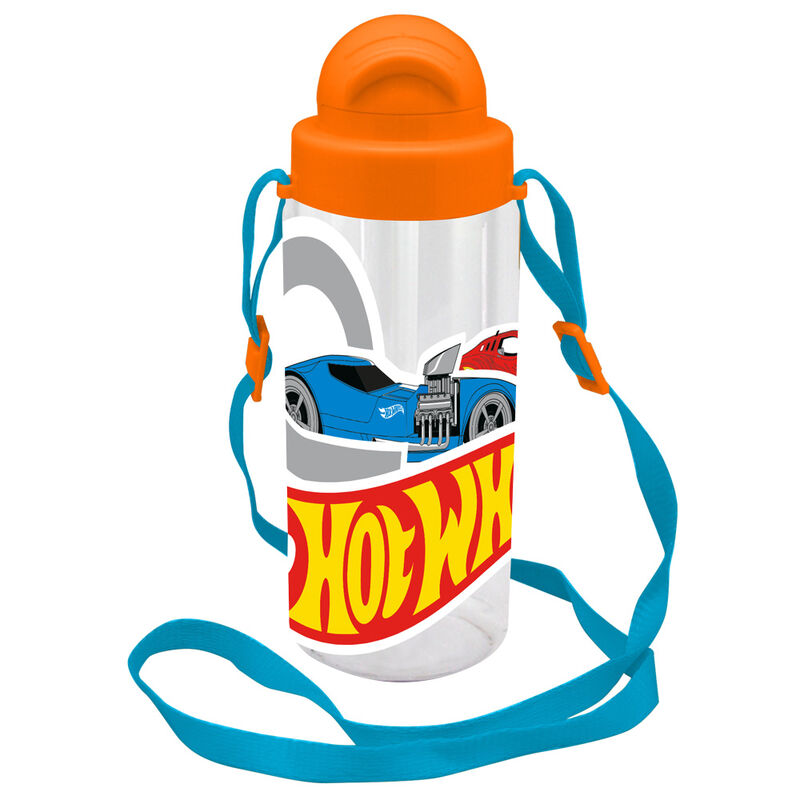 Cantimplora transparente Hot Wheels de 500 ml con tapa naranja y correa azul