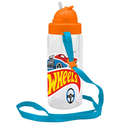 Cantimplora transparente Hot Wheels de 500 ml con tapa naranja y correa azul - 2