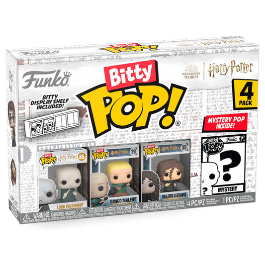Blister de 4 Bitty Pop! Harry Potter con Voldemort, Draco, Bellatrix y figura misteriosa