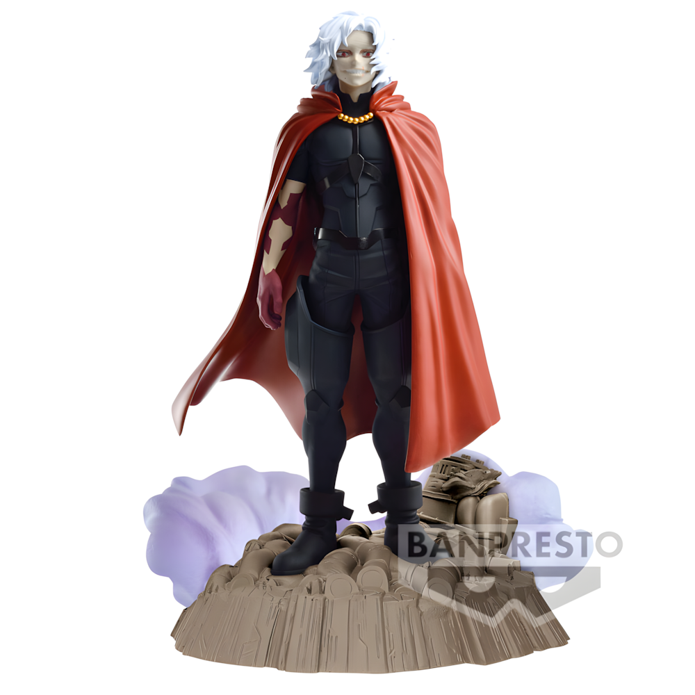 Figura Dioramatic de Tomura Shigaraki con capa roja sobre una base de diorama