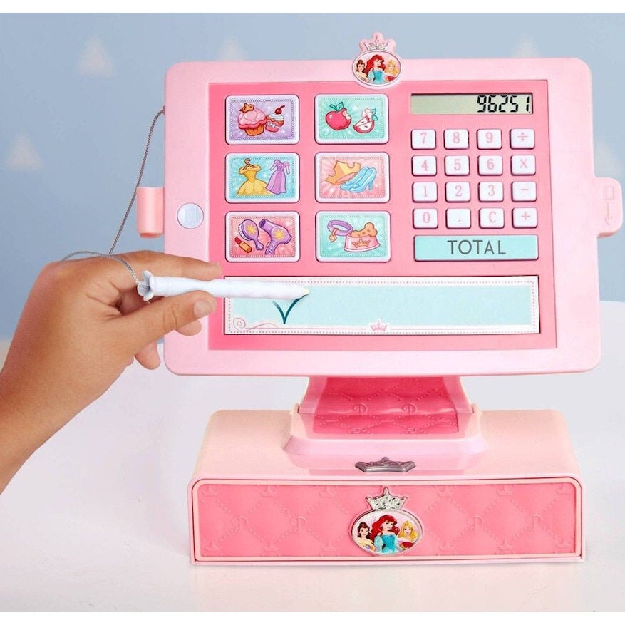 Caja registradora rosa de juguete Princesas Disney con calculadora y tableta de firmas