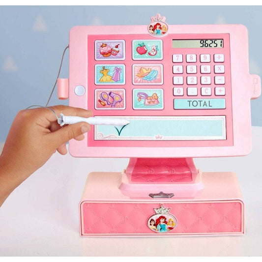 Caja registradora rosa de juguete Princesas Disney con calculadora y tableta de firmas
