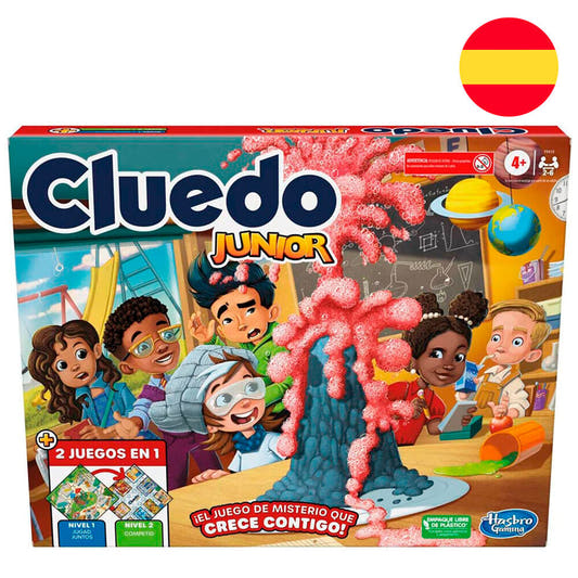 Caja de Cluedo Junior de Hasbro con tablero de doble cara y dos misterios