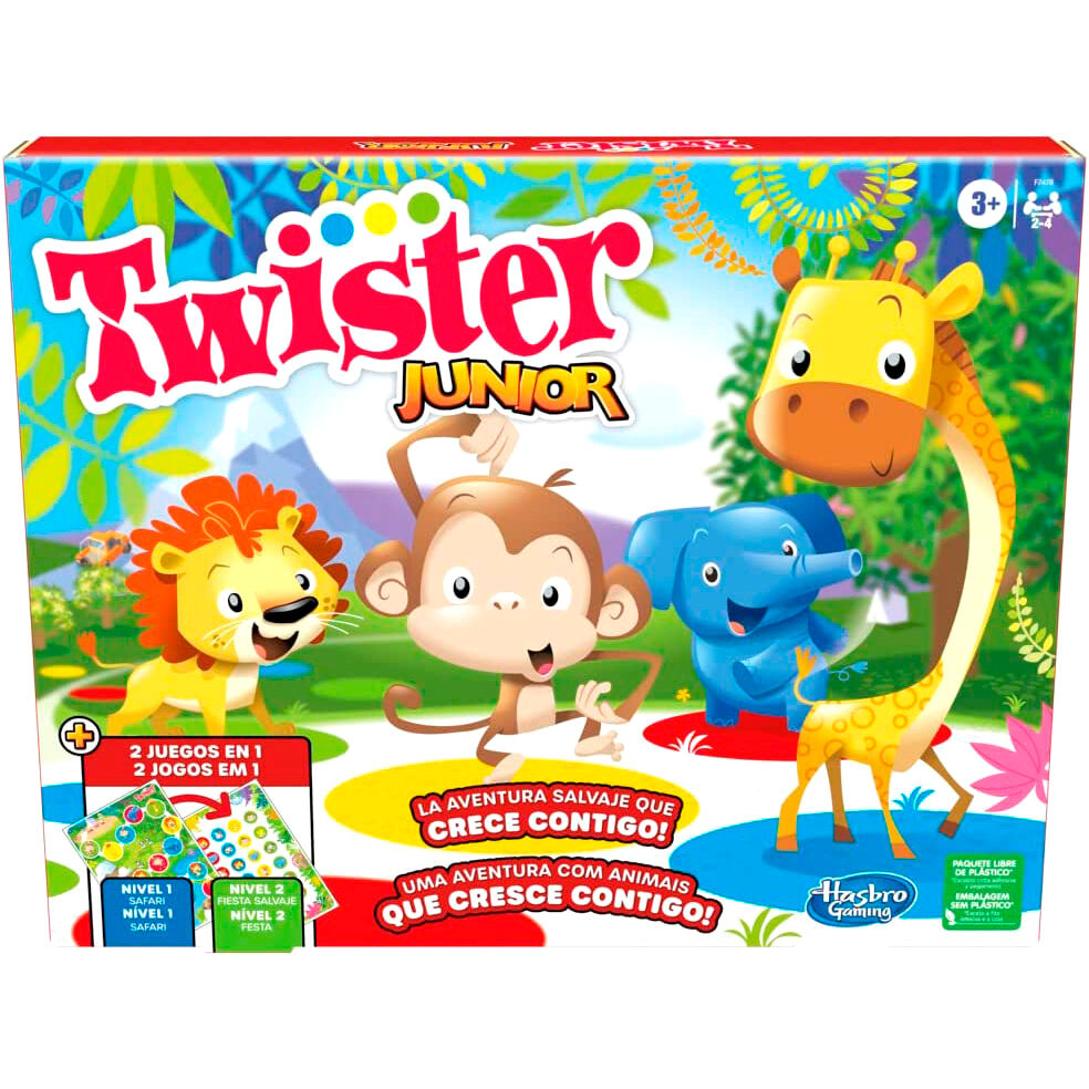 Caja del juego Twister Junior de Hasbro con animales y dos niveles