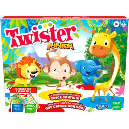 Caja del juego Twister Junior de Hasbro con animales y dos niveles