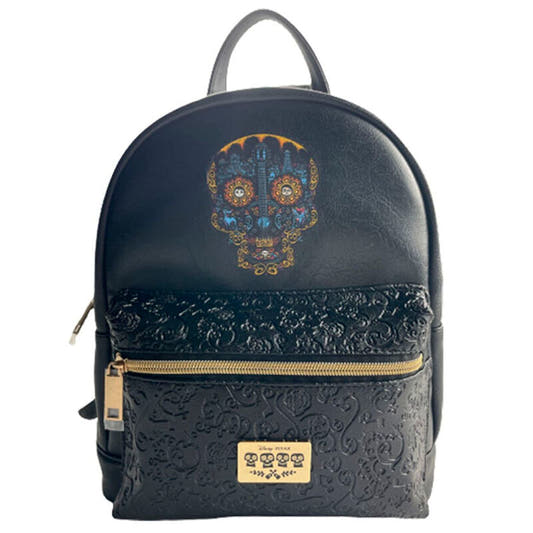 Mochila negra Disney Coco con calavera decorada y bolsillo frontal