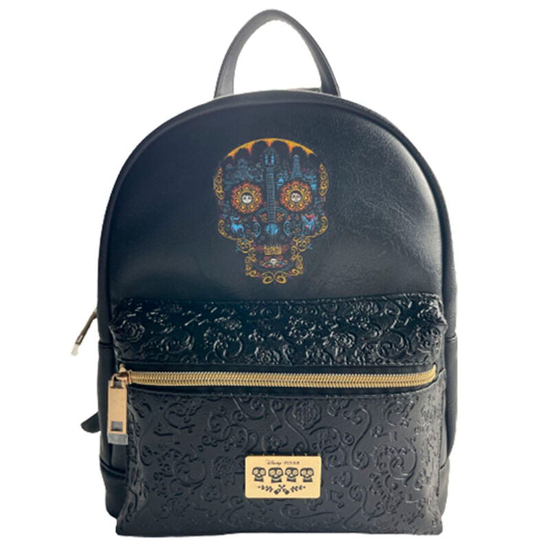 Mochila negra Disney Coco con calavera decorada y bolsillo frontal