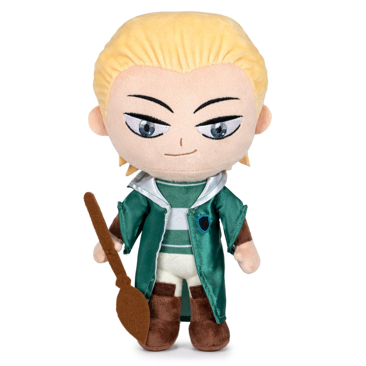 Peluche de Draco Malfoy con uniforme de Quidditch y escoba