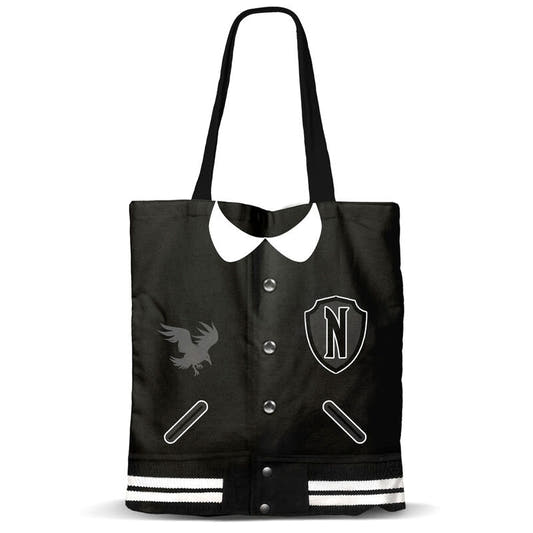Bolsa shopping negra Varsity de Miércoles con cuello blanco y escudo N