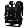 Mochila negra Varsity de Wednesday con escudo, cuervo y colgante de Thing