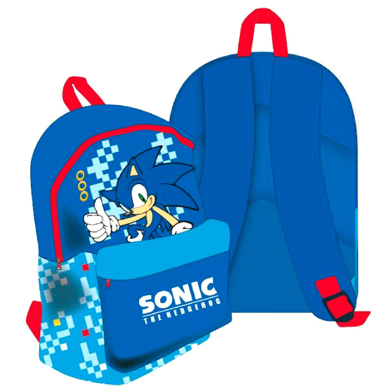 Mochila azul y roja de Sonic the Hedgehog con bolsillo frontal