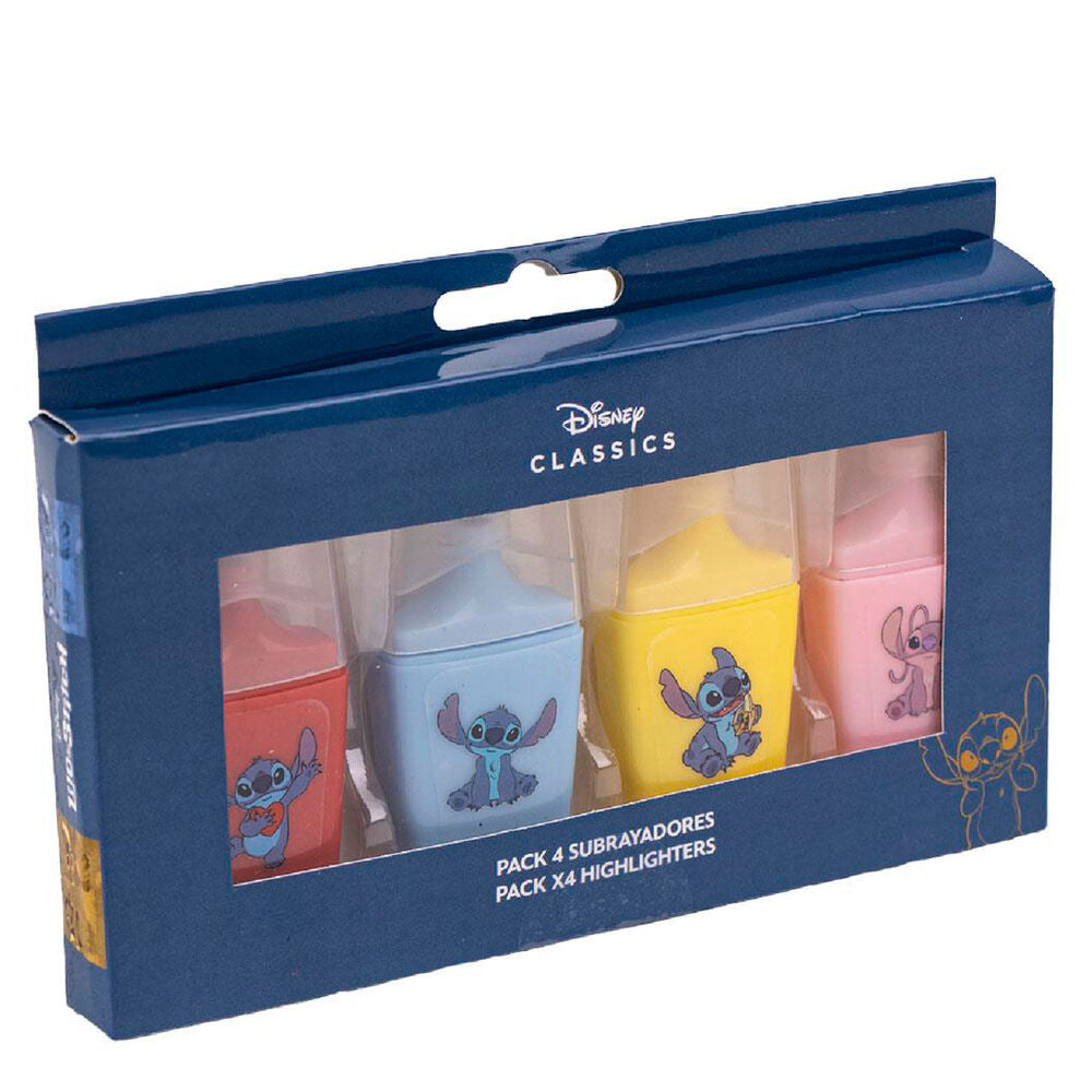 Set de 4 subrayadores Stitch Disney en coral, azul, amarillo y rosa