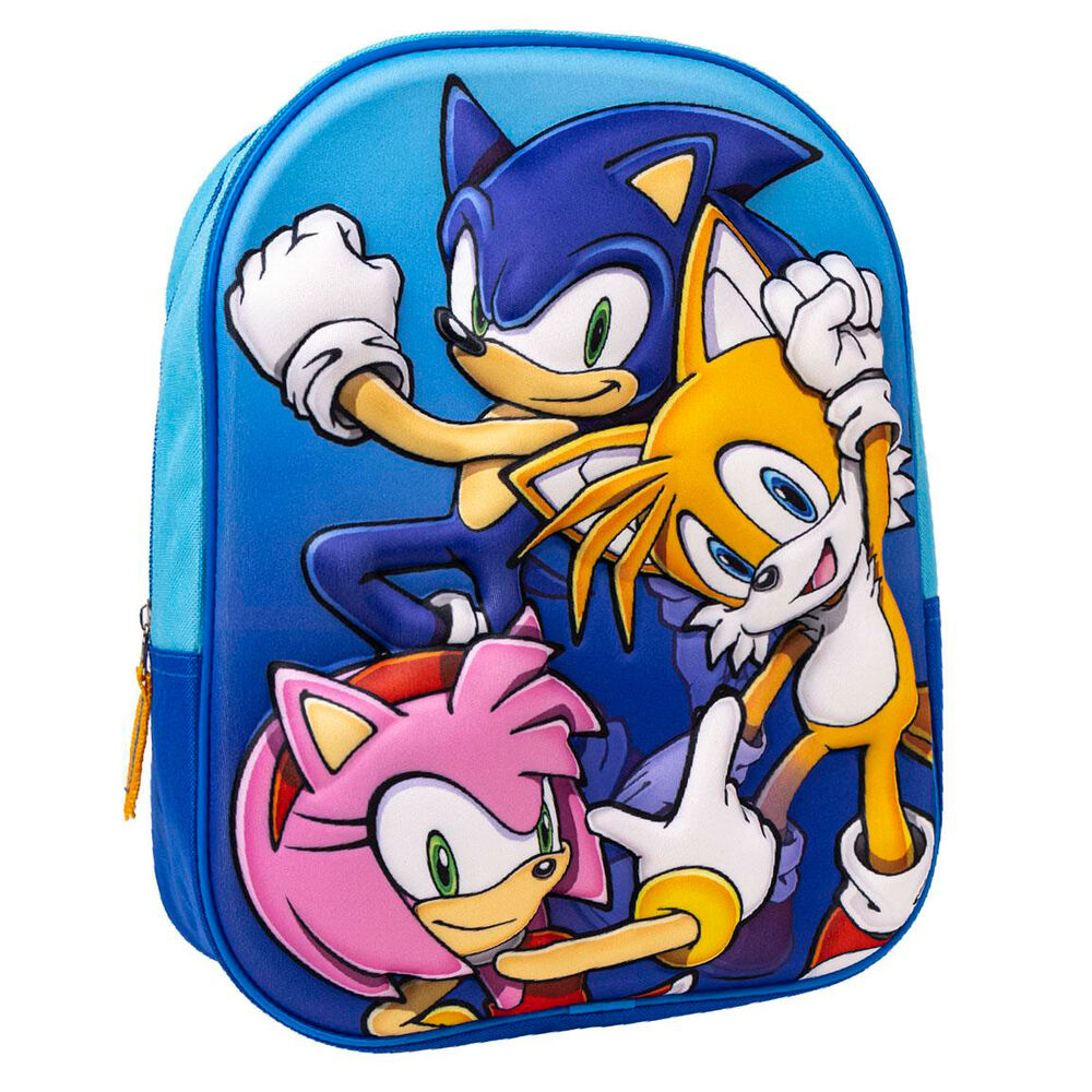 Mochila 3D azul de Sonic The Hedgehog con Sonic, Tails y Amy
