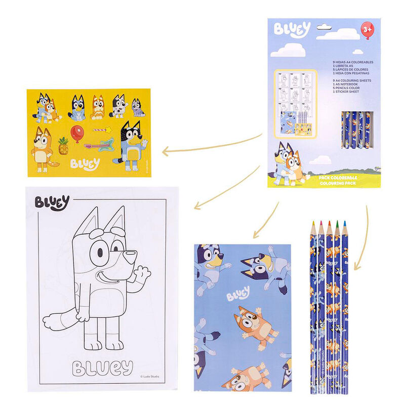 Set de papelería coloreable Bluey con libreta, lápices y láminas