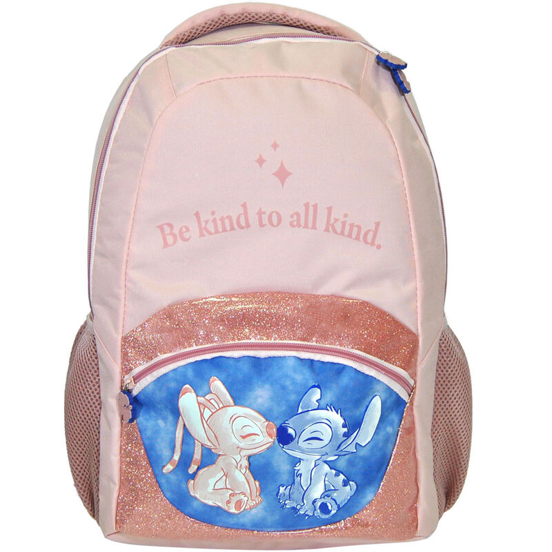Mochila rosa Disney Stitch y Angel con bolsillo frontal brillante