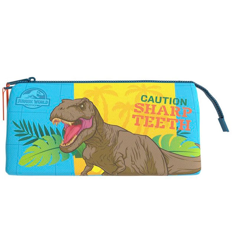 Portatodo triple Jurassic World azul y amarillo con dinosaurio