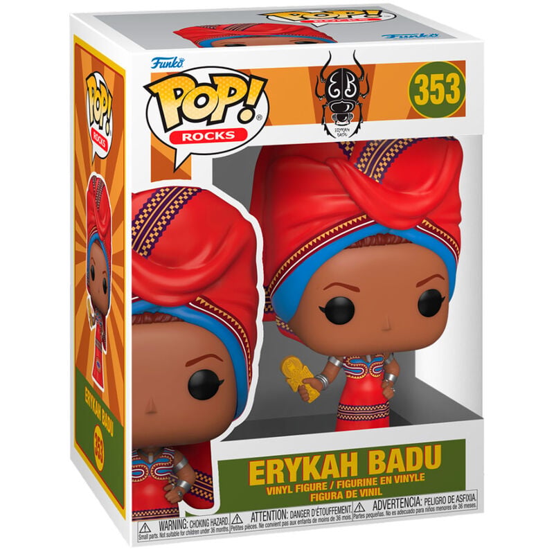 Figura Funko POP! Rocks de Erykah Badu con conjunto rojo y tocado azul en su caja
