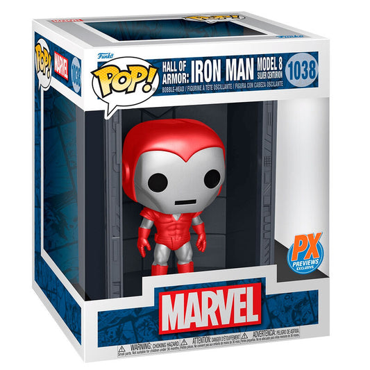Figura Funko POP Deluxe Iron Man Model 8 roja y plateada en su caja
