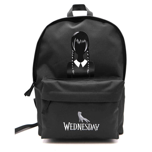 Mochila negra Wednesday de 43 cm con diseño de Wednesday y Thing
