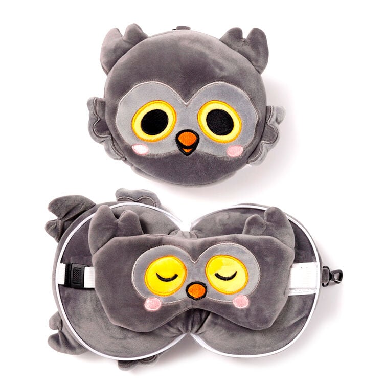 Almohada de viaje con antifaz de búho Winston en gris