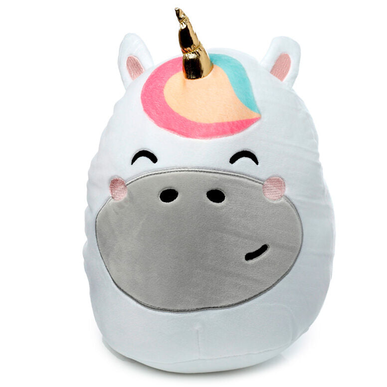 Cojín de peluche de unicornio blanco con cuerno dorado y melena multicolor