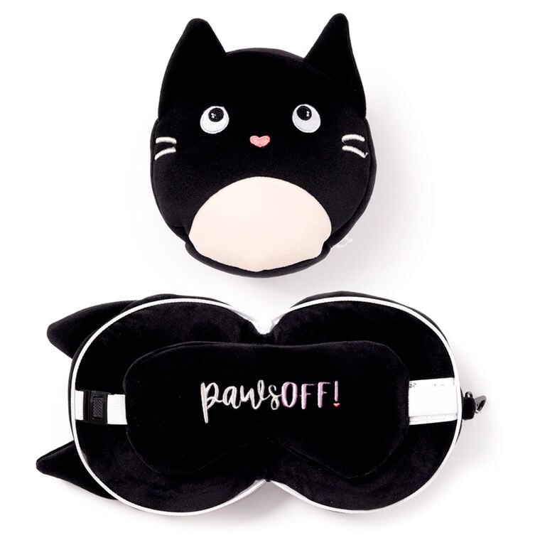 Almohada de viaje de gato negro con antifaz Relaxeazzz