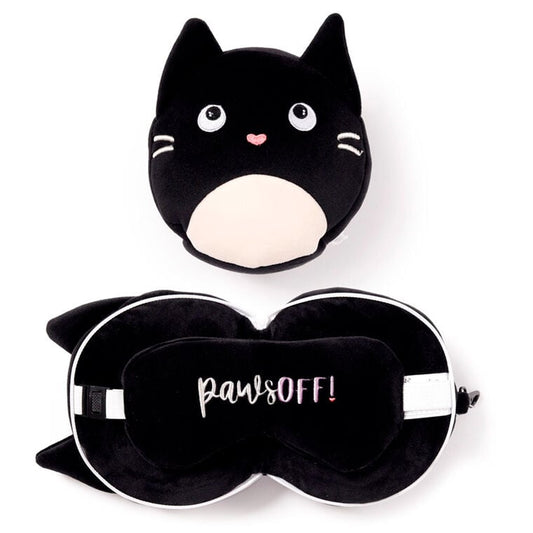 Almohada de viaje de gato negro con antifaz Relaxeazzz