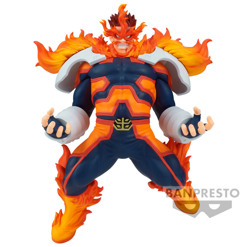 Figura de Endeavor de My Hero Academia con llamas y traje azul y naranja