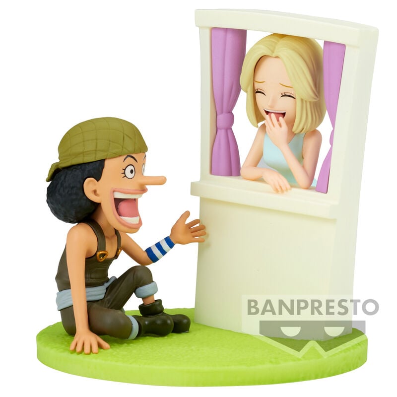 Figura de Usopp y Kaya de One Piece Log Stories sobre una base verde