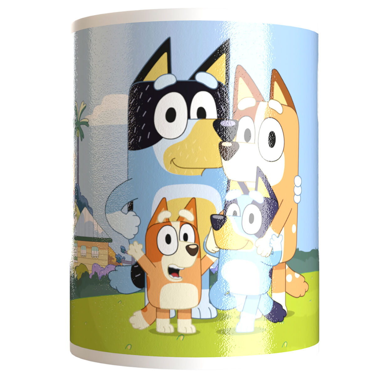 Hucha cilíndrica de Bluey con varios personajes