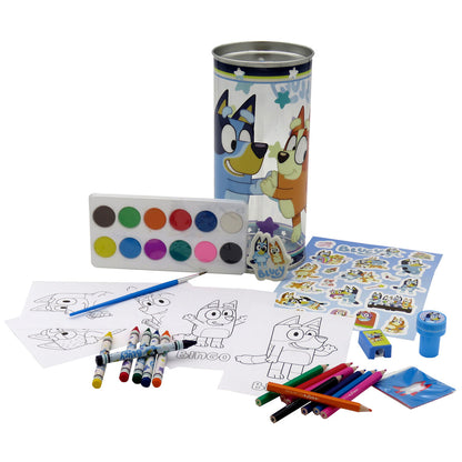 Set de actividades Bluey con hucha, acuarelas, lápices, ceras y pegatinas