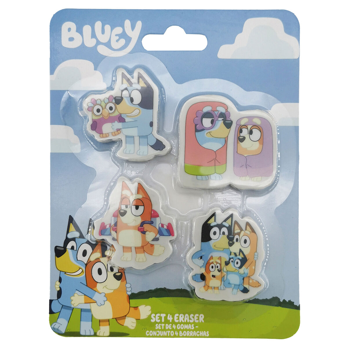 Blister con 4 gomas de borrar de Bluey con personajes