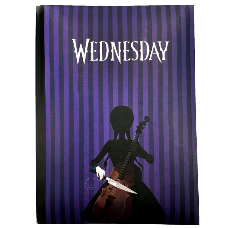 Cuaderno Wednesday morado con luz e ilustración de Miércoles con un violonchelo
