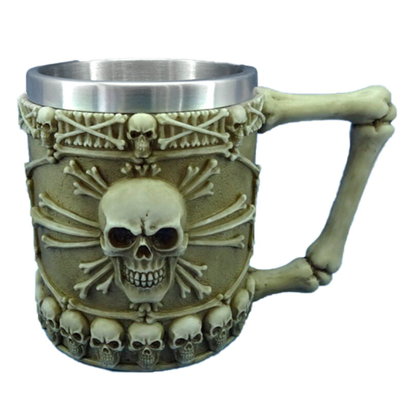 Jarra Puckator de resina con calavera central, huesos y asa esquelética