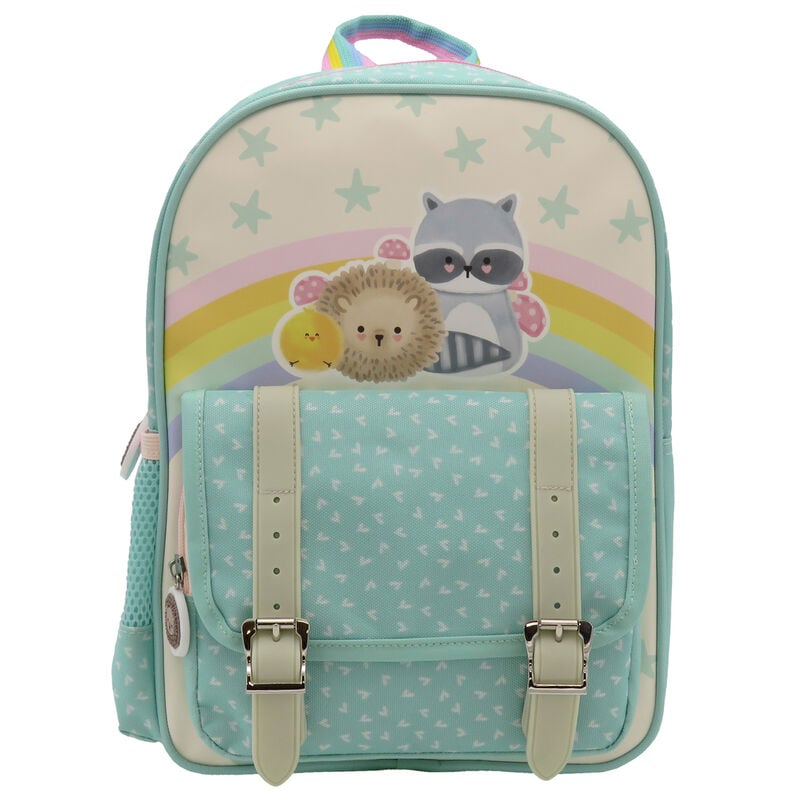 Mochila Bosque Kawanimals verde menta con animales y arcoíris