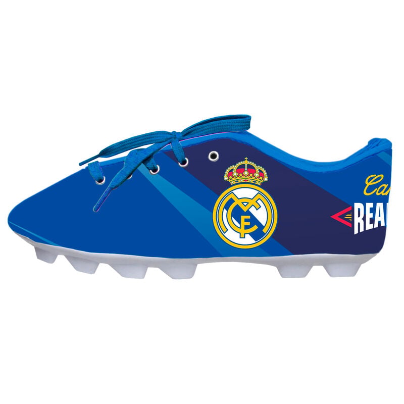 Portatodo azul del Real Madrid con forma de bota de fútbol