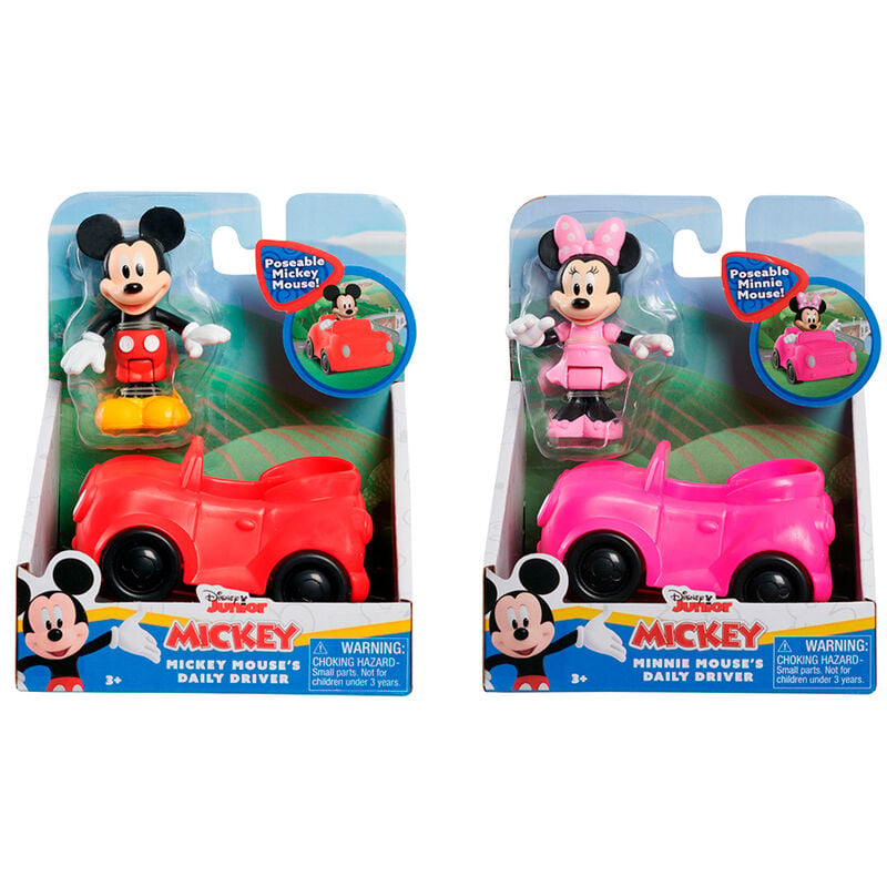 Figuras Disney de Mickey y Minnie con coches rojo y rosa