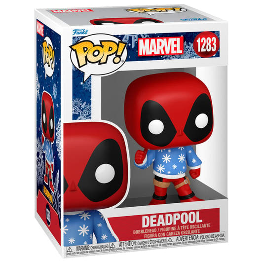 Figura Funko POP! Marvel Holiday de Deadpool con jersey azul de copos de nieve