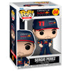 Figura Funko POP de Sergio Pérez con gorra y mono de competición en su caja