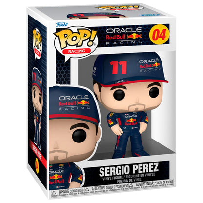 Figura Funko POP de Sergio Pérez con gorra y mono de competición en su caja