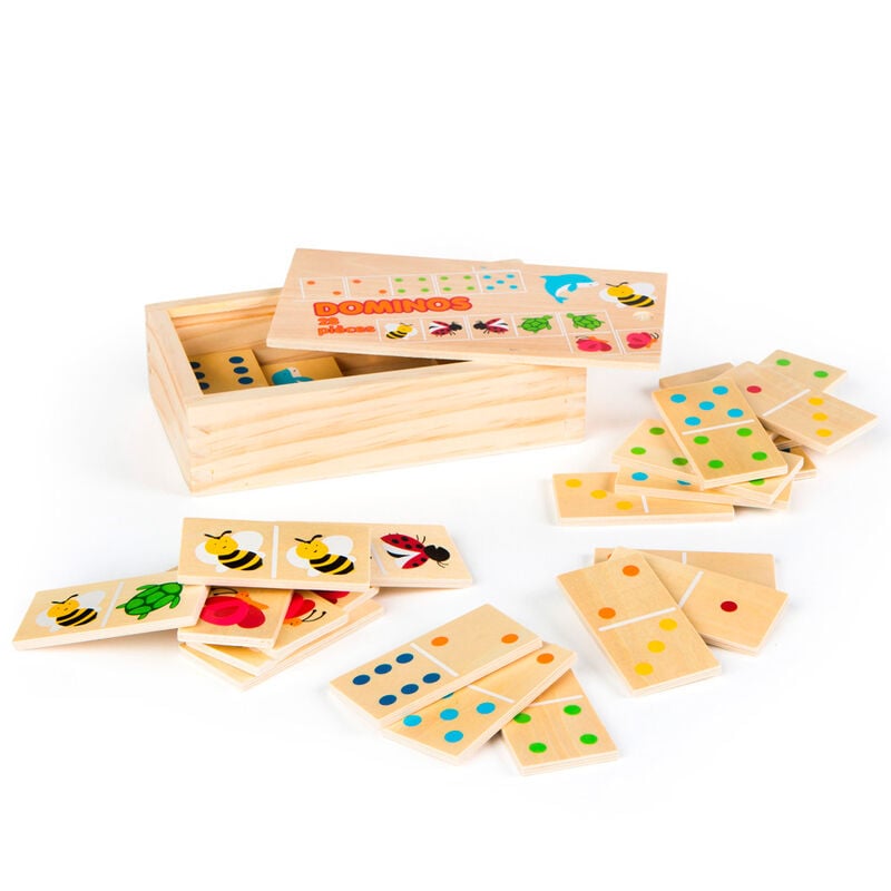 Dominó WOOMAX de madera con ilustraciones de animales y piezas de colores