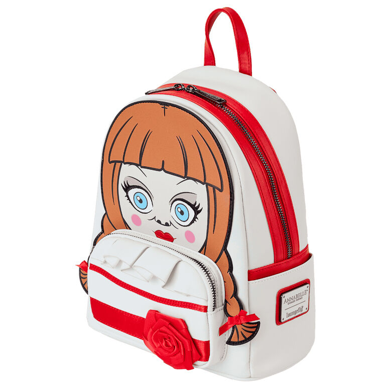 Mochila Cosplay Annabelle Loungefly blanca y roja con rosa en 3D - 3