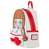 Mochila Cosplay Annabelle Loungefly blanca y roja con rosa en 3D