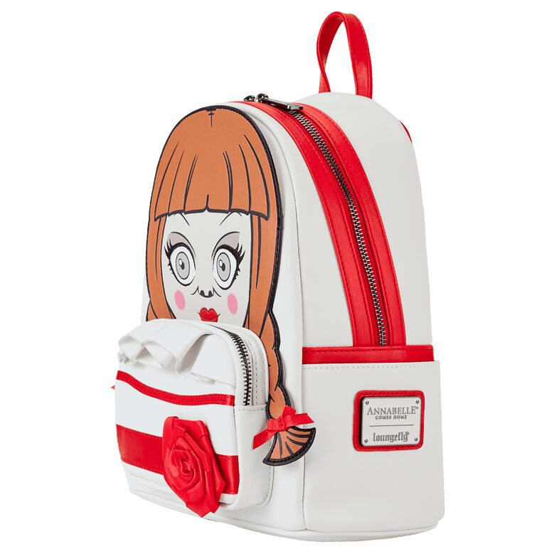Mochila Cosplay Annabelle Loungefly blanca y roja con rosa en 3D