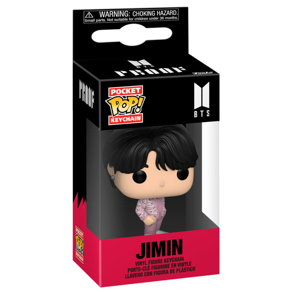 Llavero FUNKO Pocket POP! de Jimin de BTS con conjunto rosa en caja