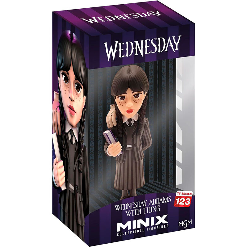 Figura MINIX de Wednesday con Cosa, trenzas, uniforme de rayas y libro - 2