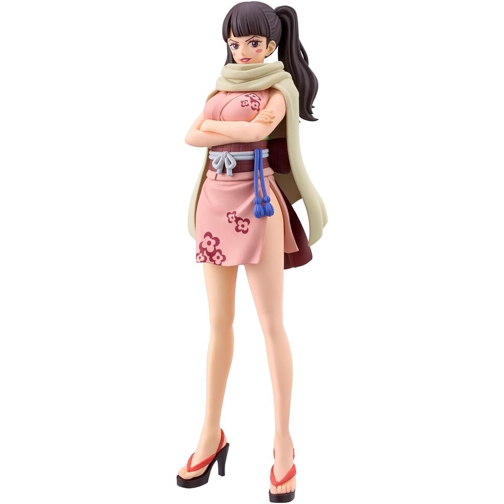 Figura de Shinobu Kocho de One Piece con yukata rosa y bufanda clara
