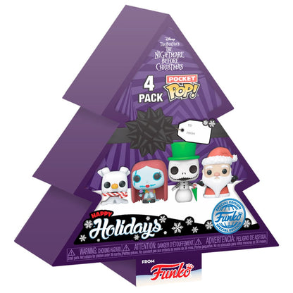 Set FUNKO Pocket POP de Pesadilla Antes de Navidad con cuatro figuras en árbol navideño